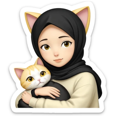 a girl wearing a black hijab in a creme sweater, hugs a japanese yellow, black, and white one cat sticker
