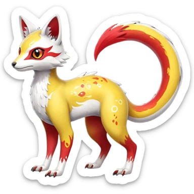  Hyper-realistic oily smooth silky soft White white with red gradients, and yellow, slit eyes, oriental intricate markings handsome cool edgy aesthetic colorful vibrant Vernid-Trico-species-Fakemon-creature by LiLaiRa, 4 legs, 1 tail, random markings, (full body) sticker