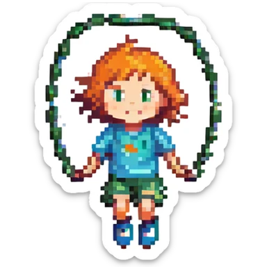 a child jumping rope, pixel art style sticker