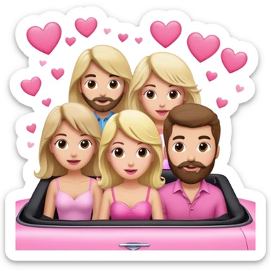 One blonde woman, two brunette women, and a brown haired bearded man in a pink convertible with hearts blowing behind the convertible sticker