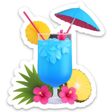 vibrant tropical fruity blue cocktail with hibiscus, pineapple slice, and paper umbrella garnish sticker