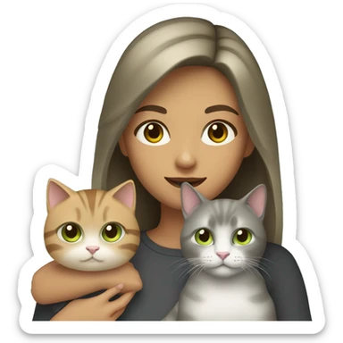 Woman with dark blonde hair and hazel eyes holding a dark grey cat with light green eyes sticker