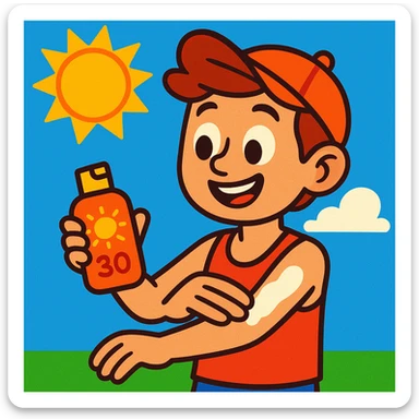 bright cartoon style of a boy applying sunscreen on his arm sticker