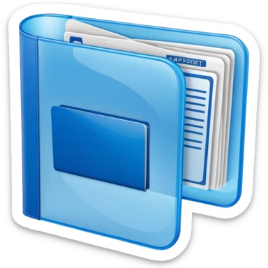 A translucent blue plastic folder with rounded corners, passport documents\ sticker
