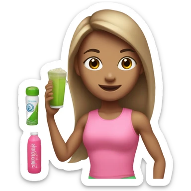 a girl with brown long straightened hair and with Green eyes with pink leggings and pink sports top with a protein shake in her hand sticker