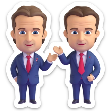 3D chibi caricature of Nicolas Sarkozy and Emmanuel Macron, standing together, oversized heads, small realistic bodies, navy suits, Sarkozy with blue tie, Macron with red tie, realistic faces, soft lighting sticker