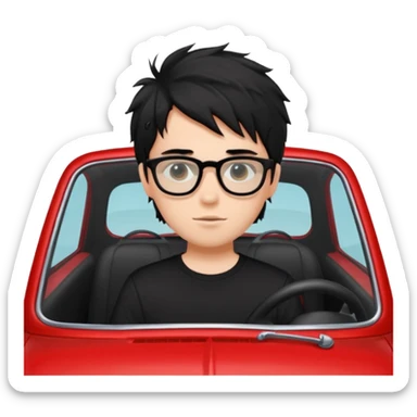 generate a pretty bratz fair skinned boy with black messy hair wearing a black tshirt driving a red car. Glasses on.  sticker