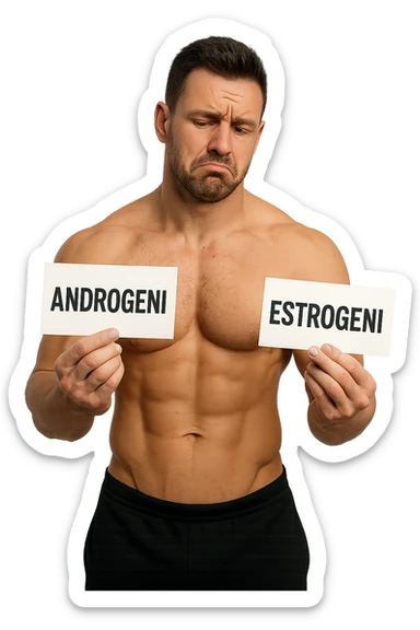BODYBUILDER CHE TIENE LA SCRITTA "ANDROGENI" NELLA MANO DESTRA E LA SCRITTA "ESTROGENI" NELLA MANO SINISTRA, ESPRESSIONE DUBBIOSA IN VOLTO sticker