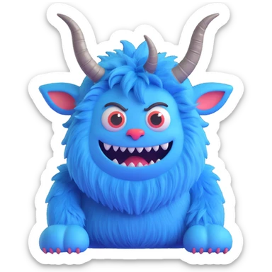 furry blue monster with horns, friendly expression, 3D style sticker