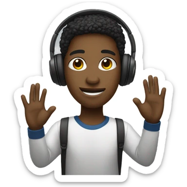 black student with headphones, one hand raised to ask a question sticker