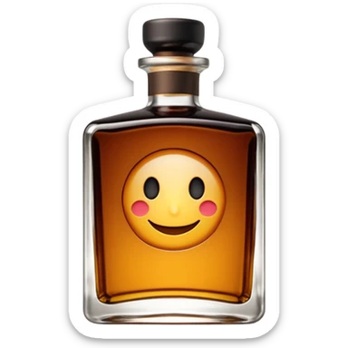 short square-shouldered glass bottle filled with rich amber-brown liqueur, dark glossy glass, wide black or dark brown cap, compact elegant silhouette, no label, no garnish, sealed bottle, soft lighting, subtle shadows, emoji scale sticker