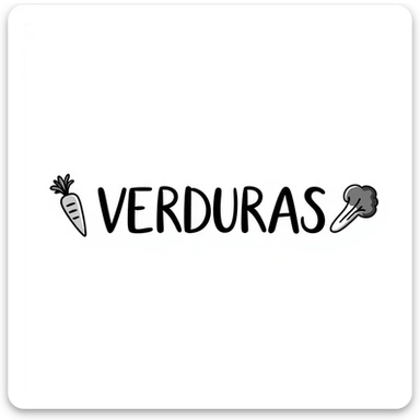 the word VERDURAS in a playful handwritten script with small drawings of carrots and lettuce around the text sticker