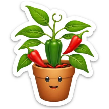 Potted green pepper plant with small chili peppers growing on it sticker