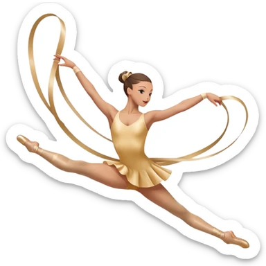 A graceful rhythmic gymnast performing with a flowing ribbon, executing an elegant leap mid-air. The pose exudes flexibility, balance, and artistry. The background suggests a competition arena with soft lighting, emphasizing movement, precision, and the beauty of the sport. sticker