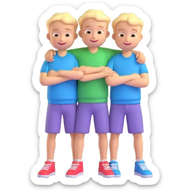 Two cartoon-style boys with similar features, arms around each other's shoulders, smiling, matching outfits, standing close, white background, emoji style sticker