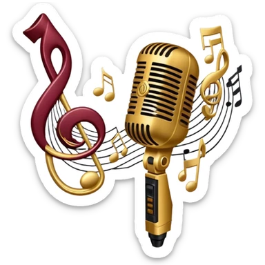 Create a sophisticated and smooth emoji representing jazz vocal performance. The design should feature a stylized microphone, with musical notes swirling around it to convey the fluid, improvisational nature of jazz. Add subtle elements like a vintage microphone stand or a hint of a singer’s silhouette in the background to reflect the live, intimate feel of jazz performance. Use deep, rich colors like gold, black, and burgundy to evoke the classic, smooth vibes of jazz. The background should be transparent. sticker