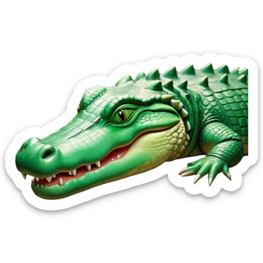 Meme-Worthy Cute Sleeping Crocodile Portrait Emoji, Head resting peacefully with a contented smile, showcasing a robust, powerful build and a luxuriously soft textured emerald-green hide, eyes shut in a serene, restful nap, Simplified yet hilariously adorable features, highly detailed, glowing with a soft, drowsy light, high shine, relaxed and utterly lovable, stylized with an air of playful laziness, bright and heartwarming, soft glowing outline, capturing the essence of a comically sleepy crocodile, so meme-worthy it feels like it could instantly become the next viral sensation of adorable reptilian slumber! sticker