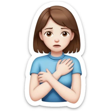 A brown haired girl, choking her neck with crossed arms ￼ sticker