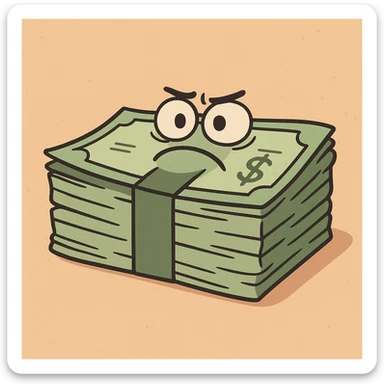 a stack of cash bills, cartoon style sticker