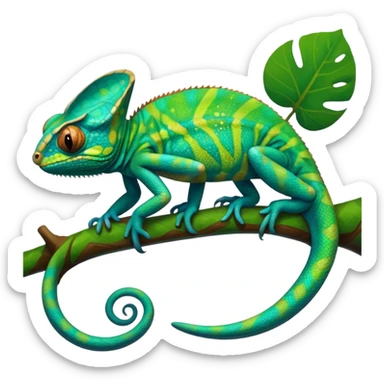 Realistic, rendering, highly detailed, 4K, 1x1, vivid  turquoise and bold green color Veiled Chameleon sticker