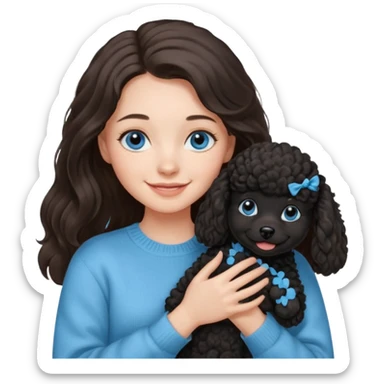 One Brunette girl with blue eyes and long hair in a light blue sweater holds one black Poodle puppy in her arms sticker
