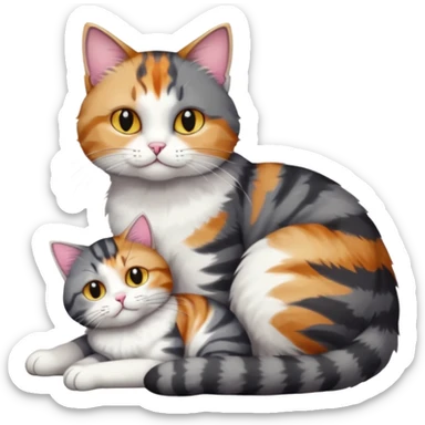 full body colourful light patched calico + white tabby cat cuddling a bigger cat that is dark grey and white tabby cat  sticker