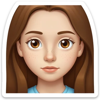 A 12-year-old girl with very long brown hair, light brown eyes, medium thick eyebrows, slightly big lips, a small freckle on her cheek and another small freckle under her eye sticker