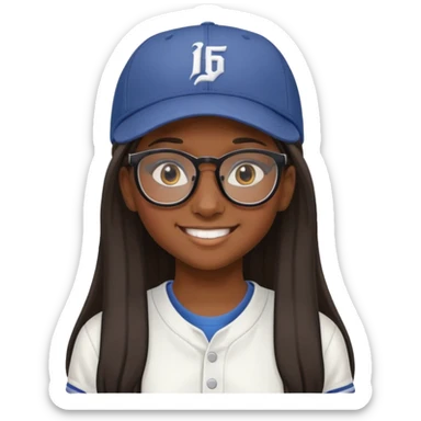 "- Nữ
- 15 tuổi
- Da đen, đeo kính
- Tóc dài
- Đội mũ lưỡi trai ngược đằng sau
- cười tươi sticker