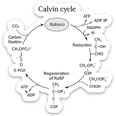 highly scientific, detailed, and labeled illustration of the Calvin cycle, showing all key molecules, enzymes, and steps, no background, transparent sticker