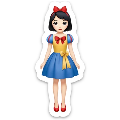 full body Snow White with blue and yellow dress, short black hair with red bow, minimal style sticker