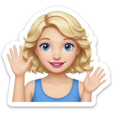Girl Blonde short wavy hair,  blue eyes, cute blue top, long lashes, pink lips, smiling, waving hello  sticker