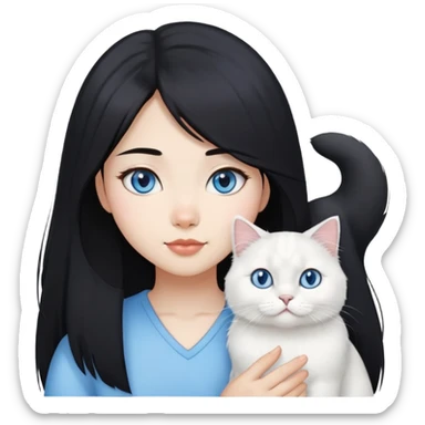 black hair Asia girl with White British longhair cat blue eyes  sticker