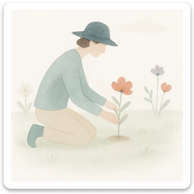 soft watercolor illustration in a minimalist, modern style, person planting flowers in a field, pastel colors, delicate linework, gentle whimsical mood, minimal soft shading sticker
