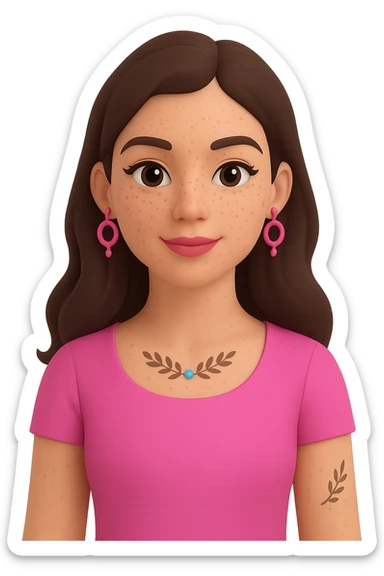 Change the skin to white, add freckles on the cheeks and nose, and ensure the hair is straight, keeping the rest the same. The subject is a female Memoji with an oval face, elegant makeup, long dark brown hair, colorful top, and a small visible tattoo on the arm. Maintain the transparent background. sticker