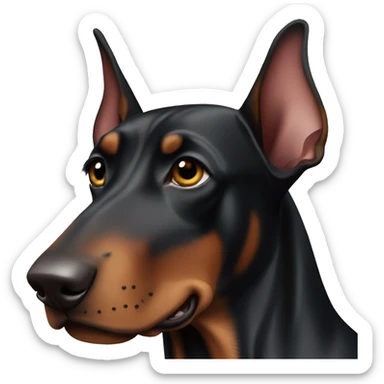 black Doberman with ears slightly bent to the outer corners and a docked tail sticker
