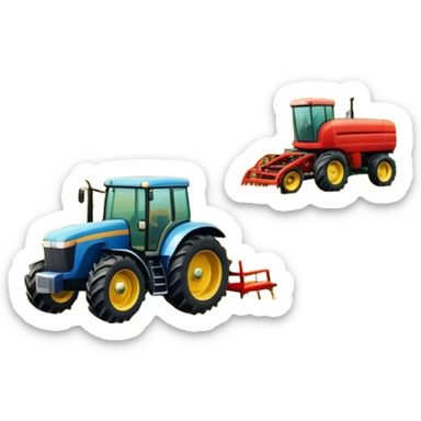 An icon featuring a large farming tractor in the middle of a lush field, with crops ready for harvest. The design includes farming tools, a barn in the distance, and a vibrant landscape, symbolizing the immersive world of agricultural simulation. Transparent background. sticker