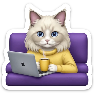 a cute blue eyed ragdoll cat wearing the dark violet sweater with yellow letteting "Milena" sitting on the grey sofa with grey laptop and drinking coffee sticker
