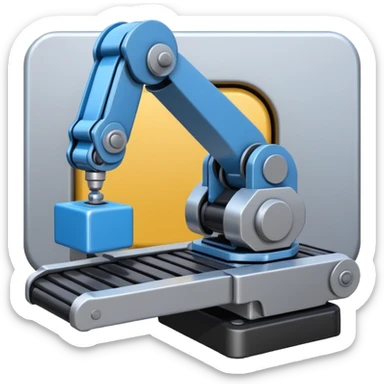 robot arm which is picking blue block on conveyor belt sticker