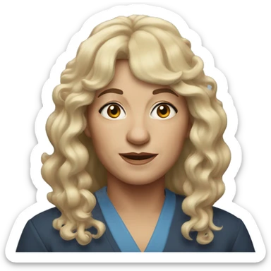 widow with blonde, shoulder length curly hair with bangs all across forehead, blue eyes,  60 years old, 180 pounds sticker