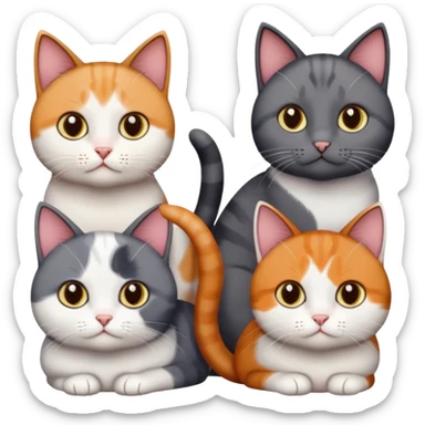 5 different coloured short haired cats including; a dark brown and white cat, and a dark grey and white, and a calico sticker