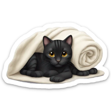Black tiger cat with white on mouth, white neck, with a cozy blanket sticker