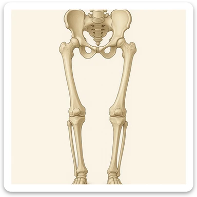 Create an anatomical illustration inspired by the style of the reference image. Show a frontal view with clearly visible genu varum (bow legs), highlighting the pelvis bones, femur, tibia, and fibula with realistic proportions. Use a clean medical style with a neutral background. No text or logos. sticker