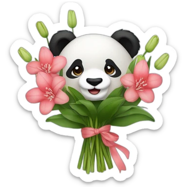 Panda bear holding lilies, hyacinths and camellias in a flower bouquet sticker