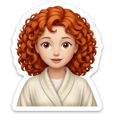 Cartoon emoji of a girl with voluminous curly red hair, fair skin, warm brown eyes. Wearing a chic milky silk robe with long sleeves, no makeup. Portrait mode, giving herself a face massage, joyful and relaxed. Smooth, simple, stylized. sticker
