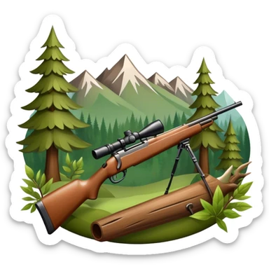 Icon for Hunting Tourism: hunting rifle, surrounded by nature elements like trees, mountains, and wildlife tracks. The icon should represent the adventure and exploration of hunting tourism. Transparent background. sticker