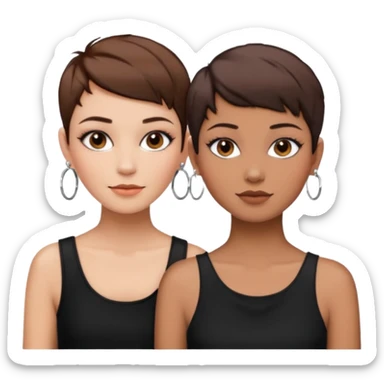 Puerto Rican fair skin straight brown pixie cut hair with hoop earrings make up and my best friend brown  colored pixie cut with jewelry and makeup on her face besties side-by-side wearing black  sticker