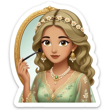 Middle Eastern-inspired moment of a woman getting ready in front of a mirror. She wears a delicate floral dress with sheer, flowy sleeves, accessorized with gold jewelry and traditional pearl-adorned hair clips. Her  as she applies mascara, her reflection revealing a soft smile.  sticker
