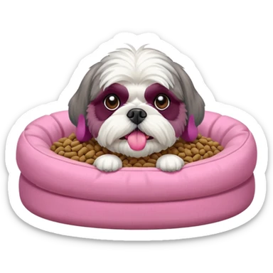 old ALL grey shih tzu in pink dog bed tongue hanging out near bowl of food sticker
