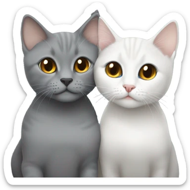 Grey British short hair with amber eyes cuddling a white British short hair with grey ears and blue eyes sticker