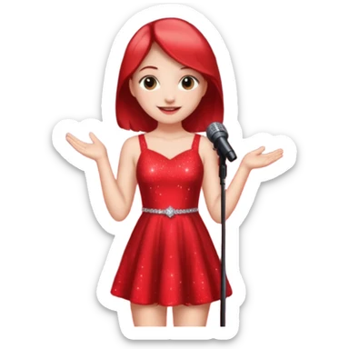 Девушка одета в дорогое платье , стоит на сцене. Рядом микрофон, свет софитов, много камер sticker